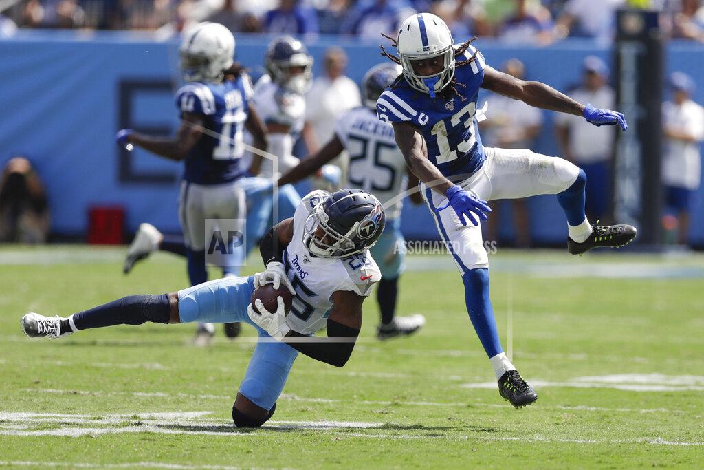 James Kenney Tennessee Titans cornerback Logan Ryan (26) intercepts a pass intended for Indianapolis Colts wide receiver T.Y. Hilton (13) in the first half of an NFL football game Sunday, Sept. 15, 2019, in Nashville, Tenn. (AP Photo/James Kenney)