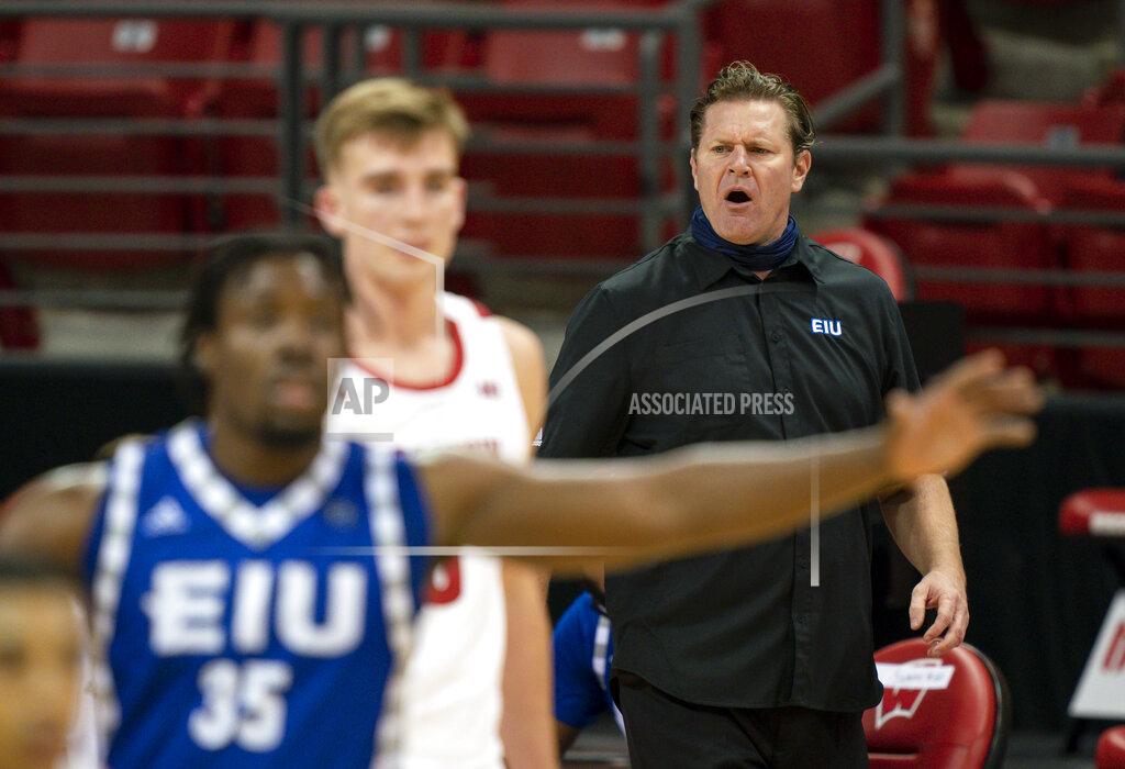 Andy Manis Eastern Illinois coach Jay Spoonhour yells to his players during the second half of an NCAA college basketball game against Wisconsin on Wednesday, Nov. 25, 2020, in Madison, Wis. Wisconsin won 77-67. (AP Photo/Andy Manis)