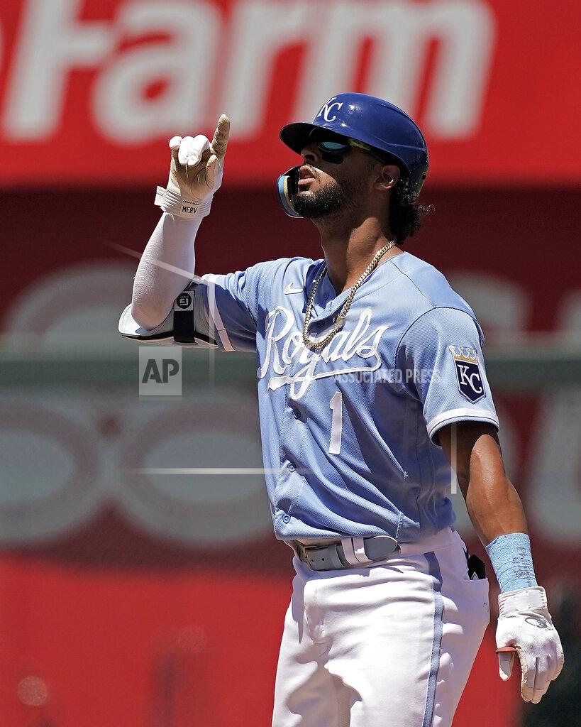 Charlie Riedel Kansas City Royals' MJ Melendez celebrates on first after hitting a double during the fourth inning of a baseball game against the Texas Rangers Wednesday, June 29, 2022, in Kansas City, Mo. (AP Photo/Charlie Riedel)