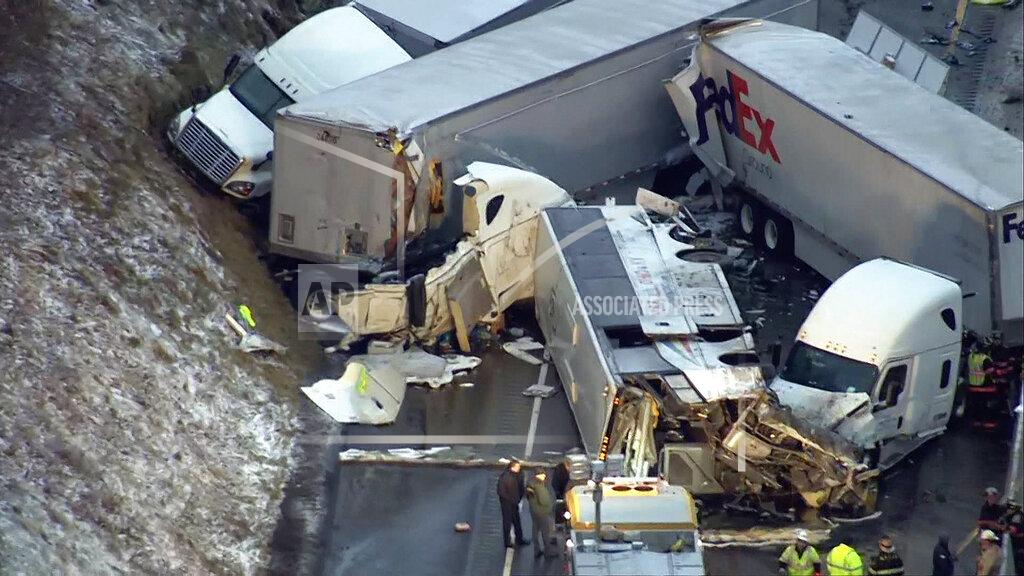 Uncredited FILE – This Jan. 5, 2020 image from video, provided by KDKA-TV, shows the scene near Greensburg, Pa. along the Pennsylvania Turnpike where five people were killed and dozens were injured in the crash that involved multiple vehicles. (KDKA TV via AP, File)