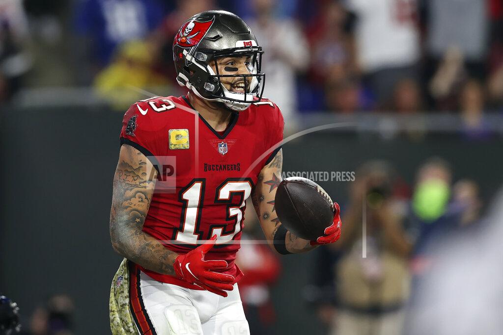 Mark Lomoglio Tampa Bay Buccaneers wide receiver Mike Evans (13) reacts after his 5-yard touchdown reception against the New York Giants during the second half of an NFL football game Monday, Nov. 22, 2021, in Tampa, Fla. (AP Photo/Mark LoMoglio)