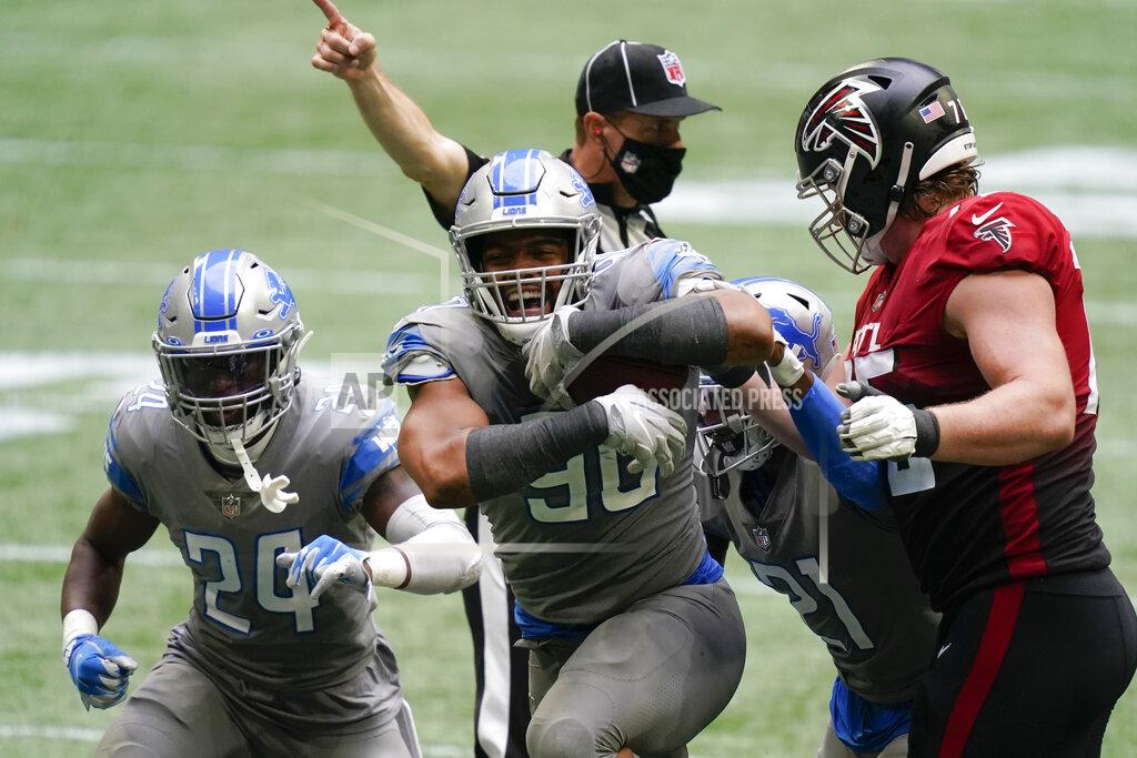 Brynn Anderson Detroit Lions defensive end Trey Flowers (90) celebrates during the second half of an NFL football game against the Atlanta Falcons, Sunday, Oct. 25, 2020, in Atlanta. (AP Photo/Brynn Anderson)