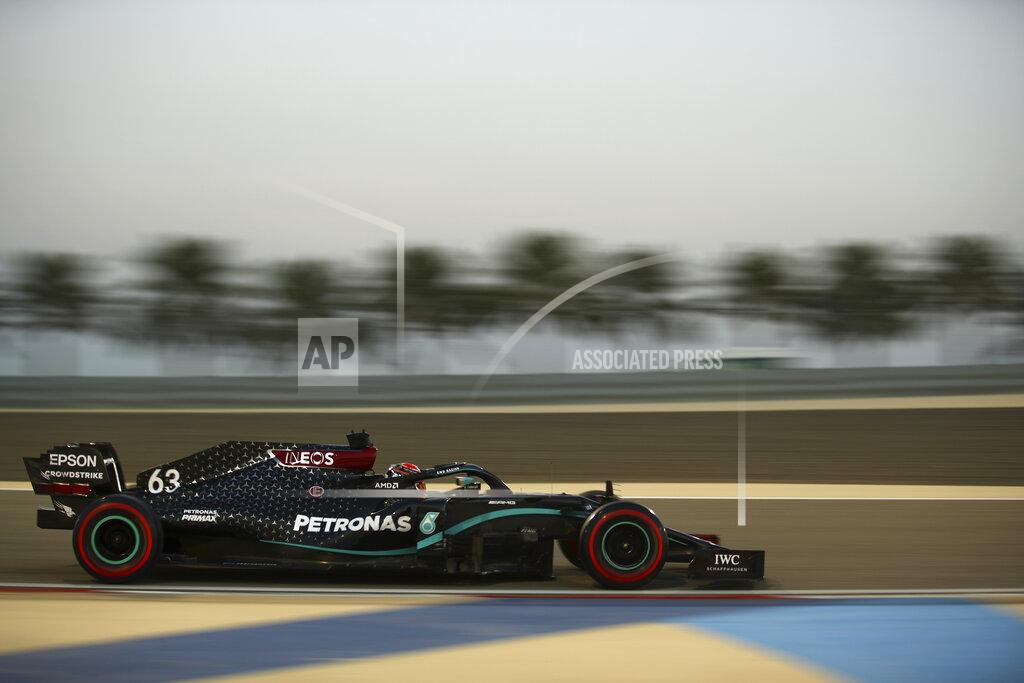 Brynn Lennon Mercedes driver George Russell of Britain steers his car during the first free practice at the Formula One Bahrain International Circuit in Sakhir, Bahrain, Friday, Dec. 4, 2020. The Bahrain Formula One Grand Prix will take place on Sunday. (Brynn Lennon, Pool via AP)