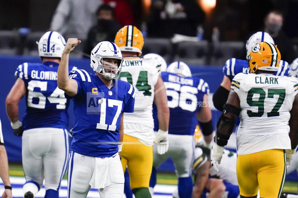 Michael Conroy Indianapolis Colts quarterback Philip Rivers (17) celebrates throwing a touchdown pass during the second half of an NFL football game against the Green Bay Packers, Sunday, Nov. 22, 2020, in Indianapolis. (AP Photo/Michael Conroy)