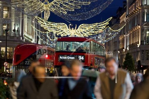 FILE - Christmas lights are displayed on Regent Street in London on Nov. 24, 2022. The British economy flatlined in the third quarter of the year, official figures showed Friday, Nov. 10, 2023, ahead of a budget statement from the government later this month. (AP Photo/Kin Cheung, File)