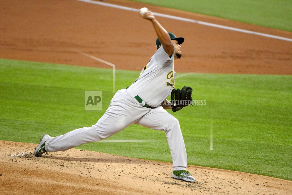 Matt Strasen Oakland Athletics starting pitcher Frankie Montas throws in the first inning of a baseball game against the Texas Rangers in Arlington, Tex, Sunday, Sept. 13, 2020. (AP Photo/Matt Strasen)