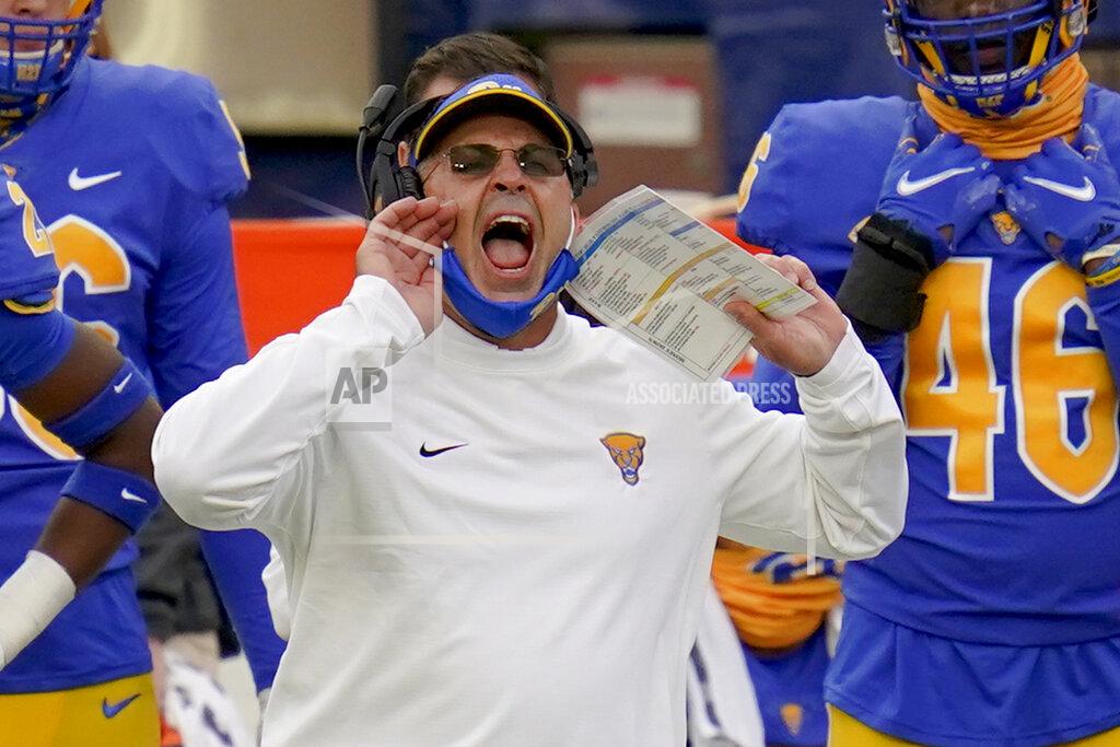 Keith Srakocic FILE - Pittsburgh head coach Pat Narduzzi yells to his team as they play against North Carolina State during the first half of an NCAA college football game in Pittsburgh, in this Saturday, Oct. 3, 2020, file photo. Pittsburgh has long considered itself “RB U,” a testament to the school’s long tradition of producing high-profile running back. Not so much lately. (AP Photo/Keith Srakocic, File)