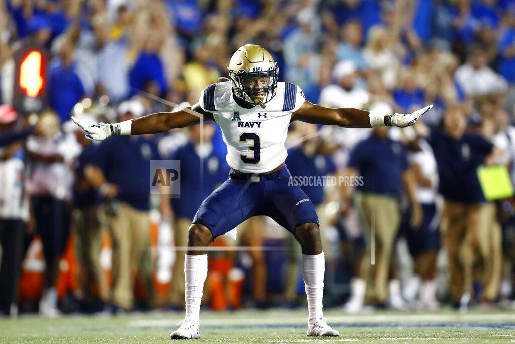Joe Rondone Navy special teams defender Cameron Kinley celebrates a missed field goal by Memphis during an NCAA college football game in Memphis, Tenn., Thursday, Sept. 26, 2019. (Joe Rondone/The Commercial Appeal via AP)
