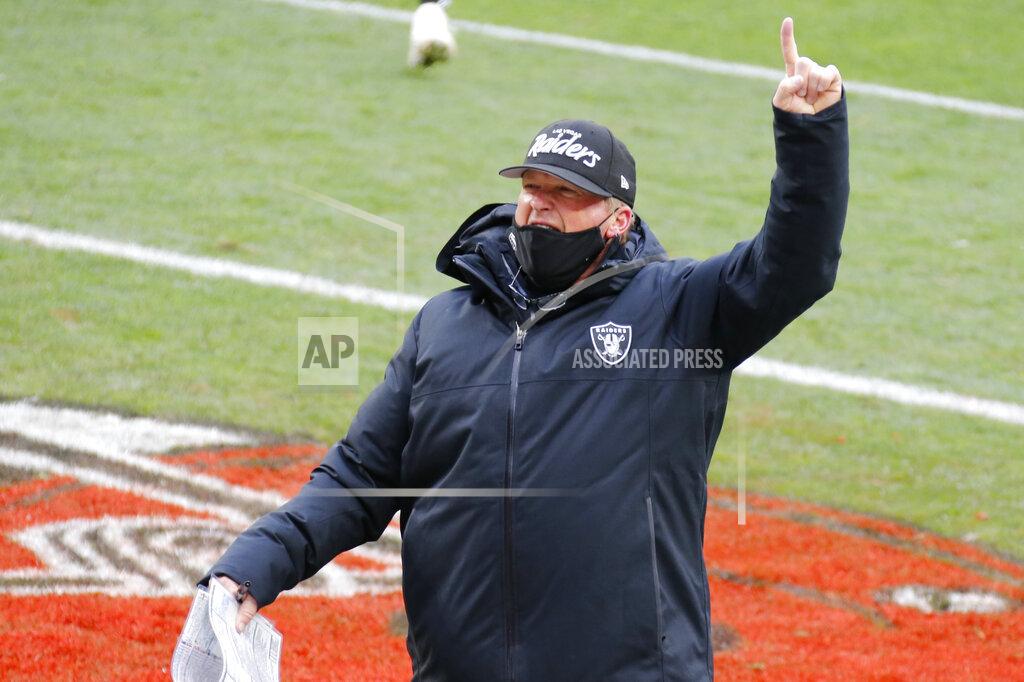 Ron Schwane Las Vegas Raiders head coach Jon Gruden celebrates after the Raiders defeated the Cleveland Browns 16-6 in an NFL football game, Sunday, Nov. 1, 2020, in Cleveland. (AP Photo/Ron Schwane)