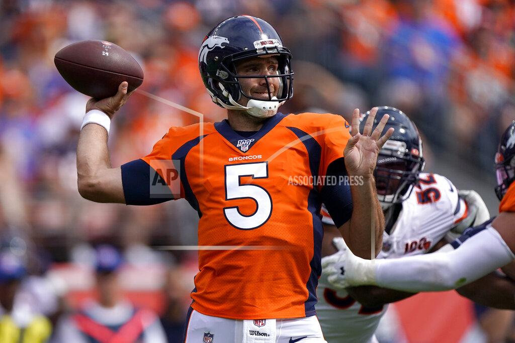 Jack Dempsey Denver Broncos quarterback Joe Flacco (5) throws against the Chicago Bears during the first half of an NFL football game, Sunday, Sept. 15, 2019, in Denver. (AP Photo/Jack Dempsey)