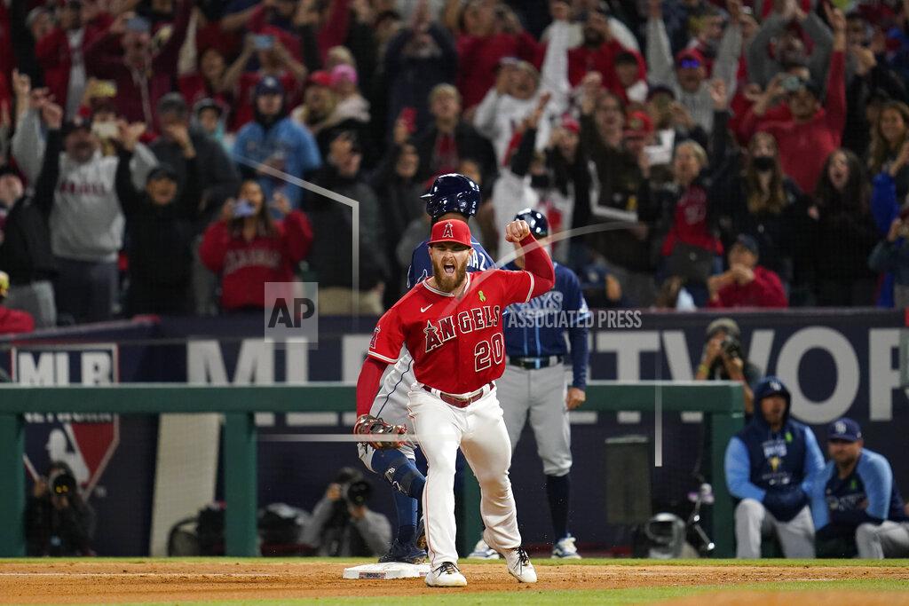 Ashley Landis Los Angeles Angels first baseman Jared Walsh (20) celebrates after catching a throw to first to out Tampa Bay Rays' Yandy Diaz (2) during the ninth inning of a baseball game in Anaheim, Calif., Tuesday, May 10, 2022. The out secured a no hitter for starting pitcher Reid Detmers (48). (AP Photo/Ashley Landis)