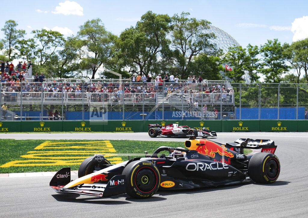 Jacques Boissinot Red Bull Racing driver Max Verstappen, of the Netherlands, drives out of a hairpin during the first practice session at the Formula One Canadian Grand Prix auto race in Montreal, Friday, June 17, 2022. (Jacques Boissinot/The Canadian Press via AP)
