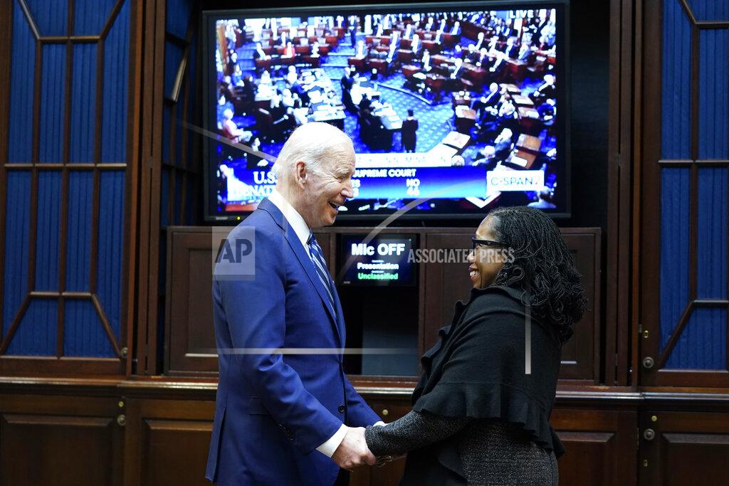 Susan Walsh FILE - President Joe Biden talks with Supreme Court nominee Judge Ketanji Brown Jackson as they watch the Senate vote on her confirmation from the Roosevelt Room of the White House in Washington, April 7, 2022. The first Black woman confirmed for the Supreme Court, Jackson, is officially becoming a justice. Jackson will be sworn as the court’s 116th justice at midday Thursday, June 30, just as the man she is replacing, Justice Stephen Breyer, retires. (AP Photo/Susan Walsh, File)