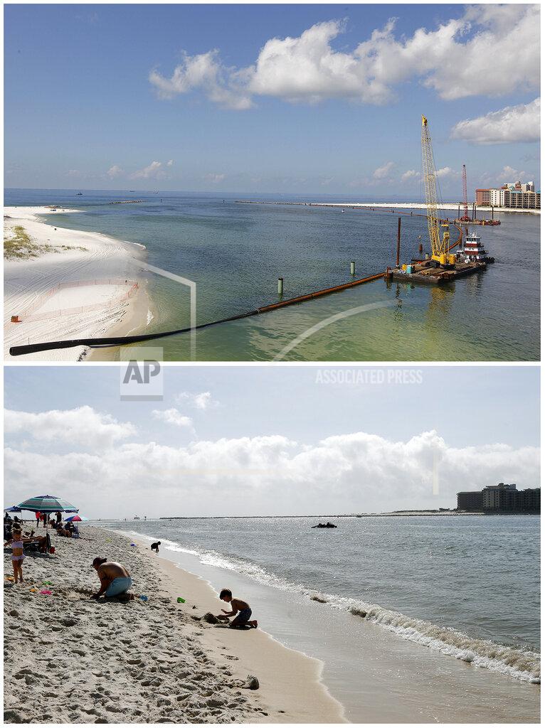 Uncredited FILE - This combination of photos shows operations to contain oil from the Deepwater Horizon oil spill in the Perdido Pass in Orange Beach, Ala., June 25, 2010, top, and people enjoying the beach in the same location, March 12, 2020. As oil spewed into the Gulf of Mexico from a blown-out BP well in 2010, residents wondered whether their home would ever be the same. The Deepwater Horizon disaster changed the region, with a flood of spending altering landscapes and attitudes. (AP Photos)