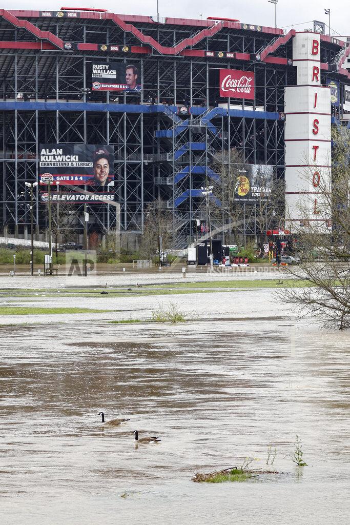 Wade Payne Two Canada geese float along in a flooded area at Bristol Motor Speedway after races for both the Truck Series and NASCAR Cup Series auto race was postponed due to inclement weather, Sunday, March 28, 2021, in Bristol, Tenn. (AP Photo/Wade Payne)