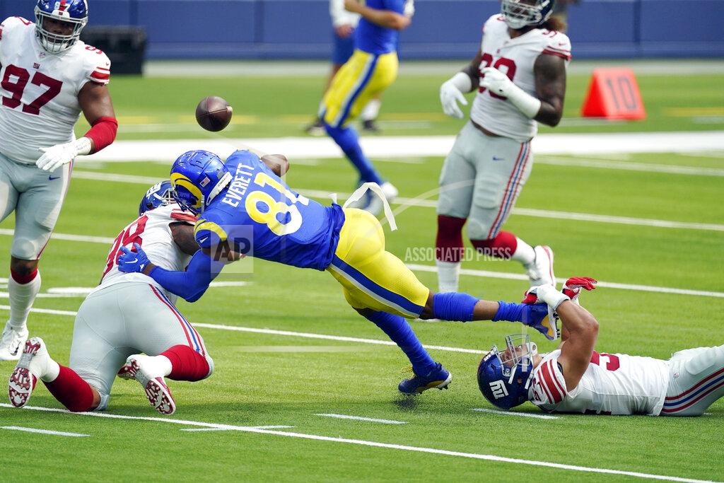 Ashley Landis Los Angeles Rams tight end Gerald Everett (81) fumbles the ball which would then be recovered by the New York Giants during the first half of an NFL football game Sunday, Oct. 4, 2020, in Inglewood, Calif. (AP Photo/Ashley Landis)