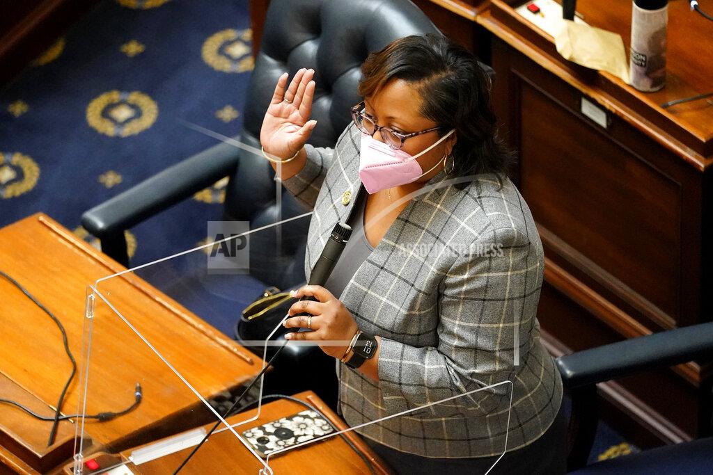 Julio Cortez Maryland Del. Sheree Sample-Hughes, D-Dorchester and Wicomico counties, takes the oath to serve as the House Speaker Pro Tem during the first day of the state's 2021 legislative session, Wednesday, Jan. 13, 2021, in Annapolis, Md. (AP Photo/Julio Cortez)