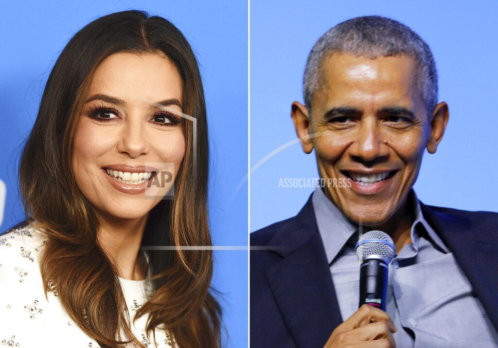 Uncredited Eva Longoria arrives at the 2019 Hollywood Foreign Press Association's Annual Grants Banquet in Beverly Hills, Calif. on July 31, 2019, left, and former U.S. President Barack Obama appears at the Gathering of Rising Leaders in the Asia Pacific in Kuala Lumpur, Malaysia, on Dec. 13, 2019. Longoria and Obama are joining a social media chat next week about COVID-19 vaccines and the pandemic’s effects on women, particularly women of color. Made to Save, the United State of Women, Supermajority and the U.S. Department of Health and Human Services are hosting Monday’s event on Facebook Live. (AP Photo)