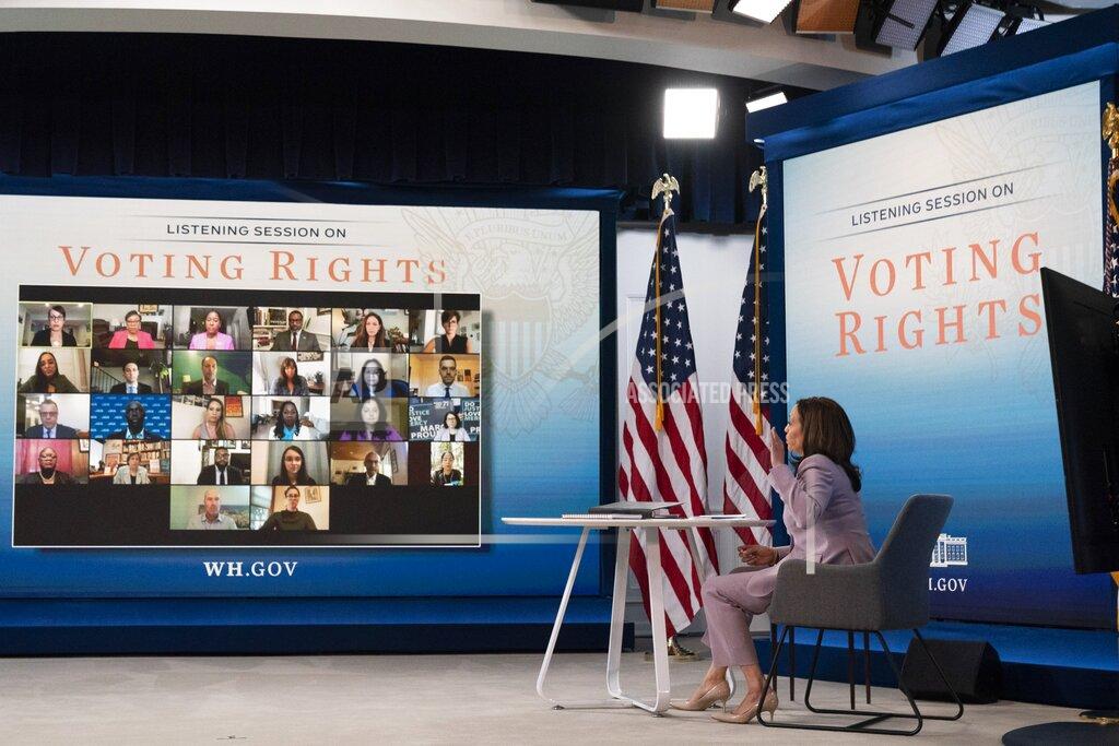 Jacquelyn Martin Vice President Kamala Harris speaks about voting rights, Wednesday, June 23, 2021, during a virtual event at the South Court Auditorium on the White House complex in Washington. (AP Photo/Jacquelyn Martin)