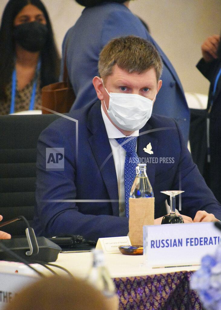 Uncredited Russia’s Minister for Economic Development Maxim Reshetnikov attends a meeting of trade ministers of the Asia-Pacific Economic Cooperation group in Bangkok, Thailand Saturday, May 21, 2022. Delegates from the United States and four other nations staged a walkout Saturday when the representative from Russia began his opening remarks at the meeting, officials said. (Kyodo News via AP)