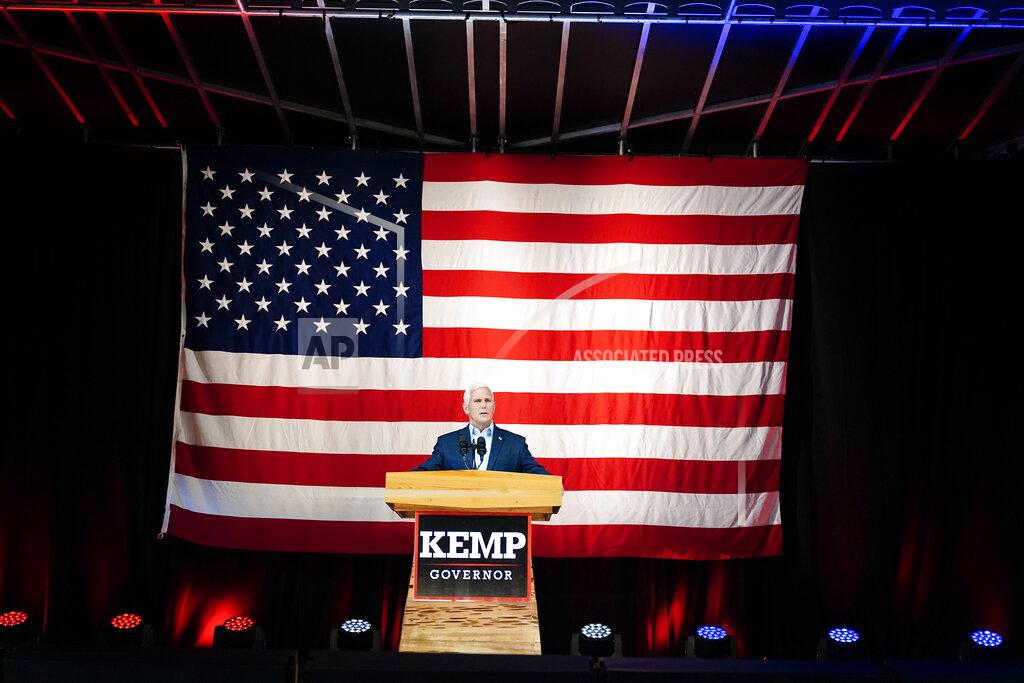Brynn Anderson Former Vice President Mike Pence speaks on behalf of Georgia Gov. Brian Kemp during a rally, Monday, May 23, 2022, in Kennesaw, Ga. Pence is opposing former President Donald Trump and his preferred Republican candidate for Georgia governor, former U.S. Sen. David Perdue. (AP Photo/Brynn Anderson)