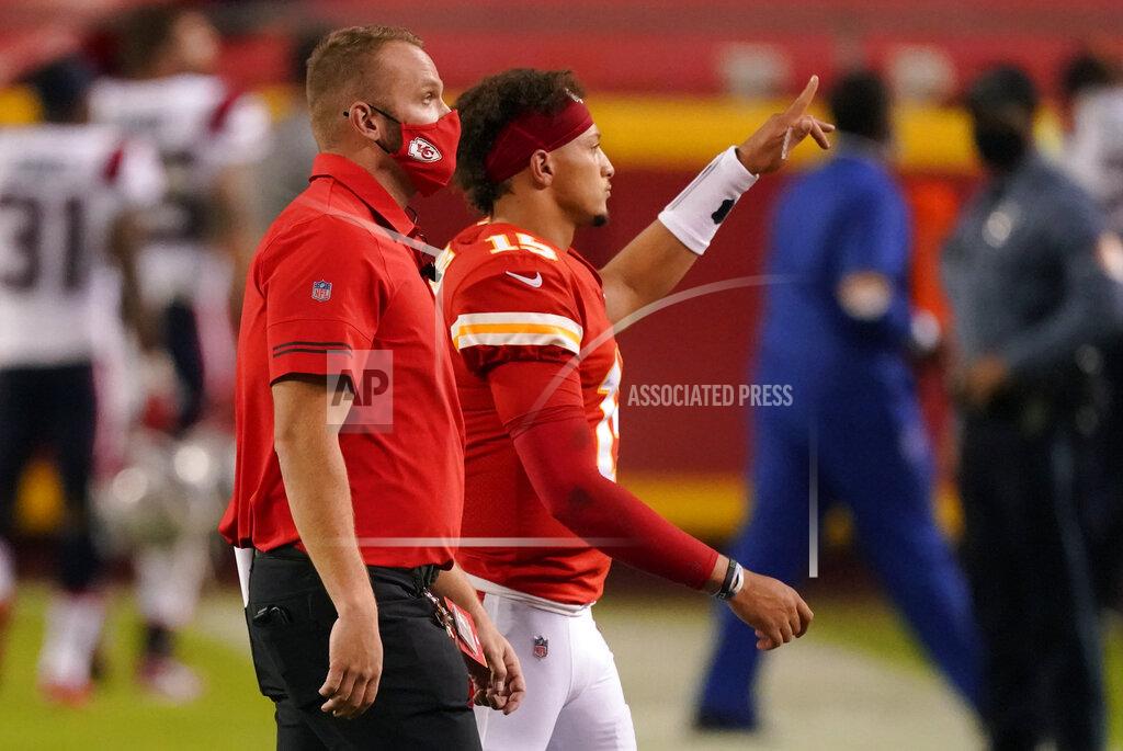 Charlie Riedel Kansas City Chiefs quarterback Patrick Mahomes, right, walks off the field after an NFL football game against the New England Patriots, Monday, Oct. 5, 2020, in Kansas City. The Chiefs won 26-10. (AP Photo/Charlie Riedel)