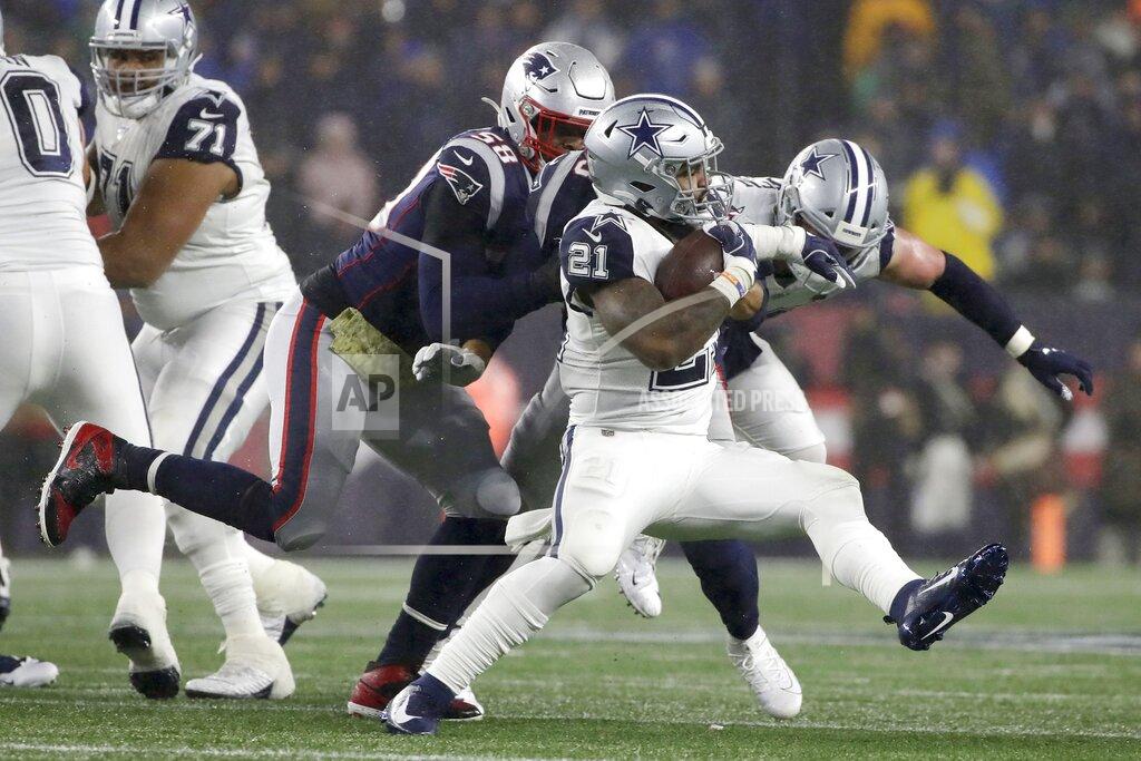 Elise Amendola Dallas Cowboys running back Ezekiel Elliott carries the ball as New England Patriots linebacker Jamie Collins, left, gives chase in the first half of an NFL football game, Sunday, Nov. 24, 2019, in Foxborough, Mass. (AP Photo/Elise Amendola)