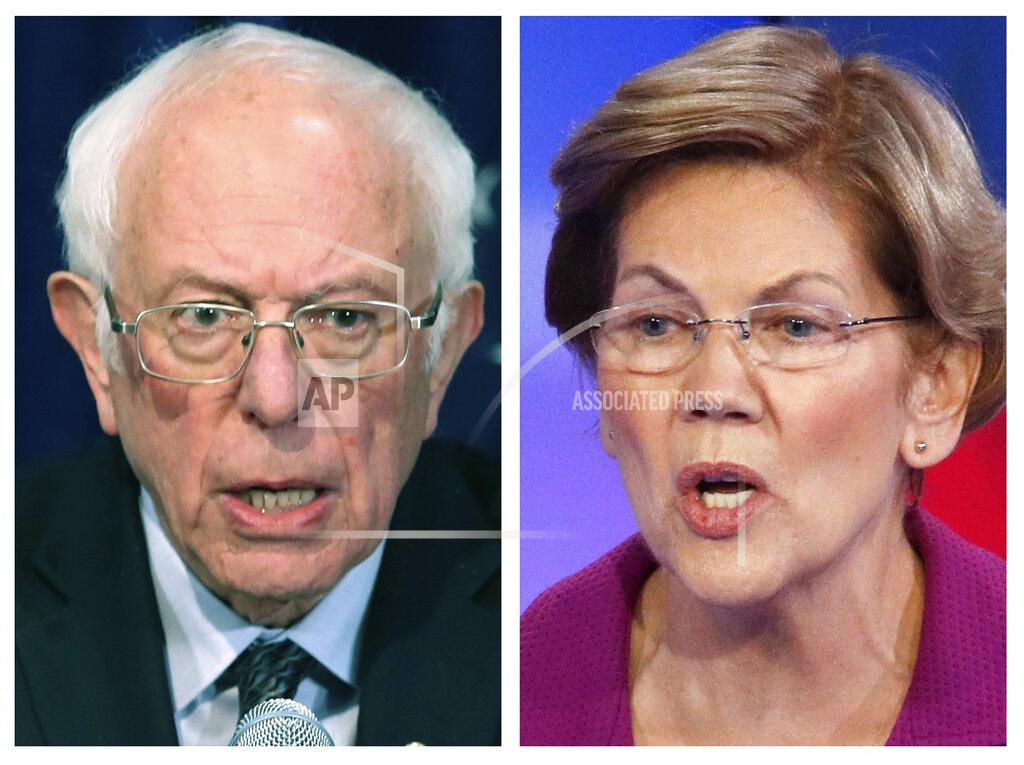 FILE - This panel of 2020 file photos show Sen. Bernie Sanders, I-Vt., and Sen. Elizabeth Warren, D-Mass. The two will address an online event for the Maine Democratic Party on May 31 after the state convention in Bangor was canceled because of the coronavirus pandemic. (AP Photos, File)