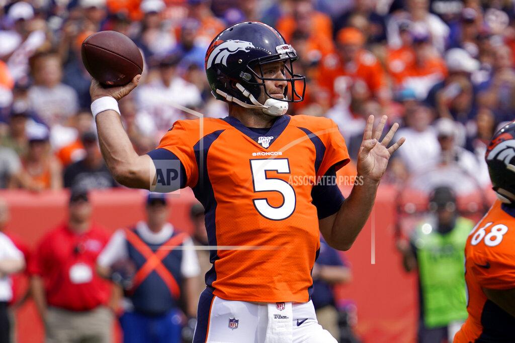 Jack Dempsey Denver Broncos quarterback Joe Flacco (5) throws against the Chicago Bears during the first half of an NFL football game, Sunday, Sept. 15, 2019, in Denver. (AP Photo/Jack Dempsey)