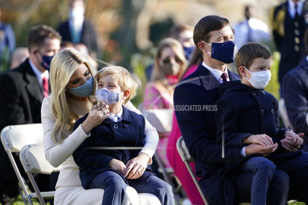 Susan Walsh Ivanka Trump, Assistant to the President and Advisor to the President, left, and her husband, Jared Kushner, Assistant to the President and Senior Advisor, with their children, are seated to watch President Donald Trump pardon the national Thanksgiving turkey, in the Rose Garden of the White House, Tuesday, Nov. 24, 2020, in Washington. (AP Photo/Susan Walsh)