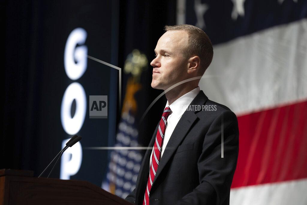 Glen Stubbe GOP attorney general candidate Jim Schultz speaks during the first day of the Minnesota State Republican Convention, Friday, May 13, 2022, at the Mayo Civic Center in. Rochester, Minn. (Glen Stubbe/Star Tribune via AP)