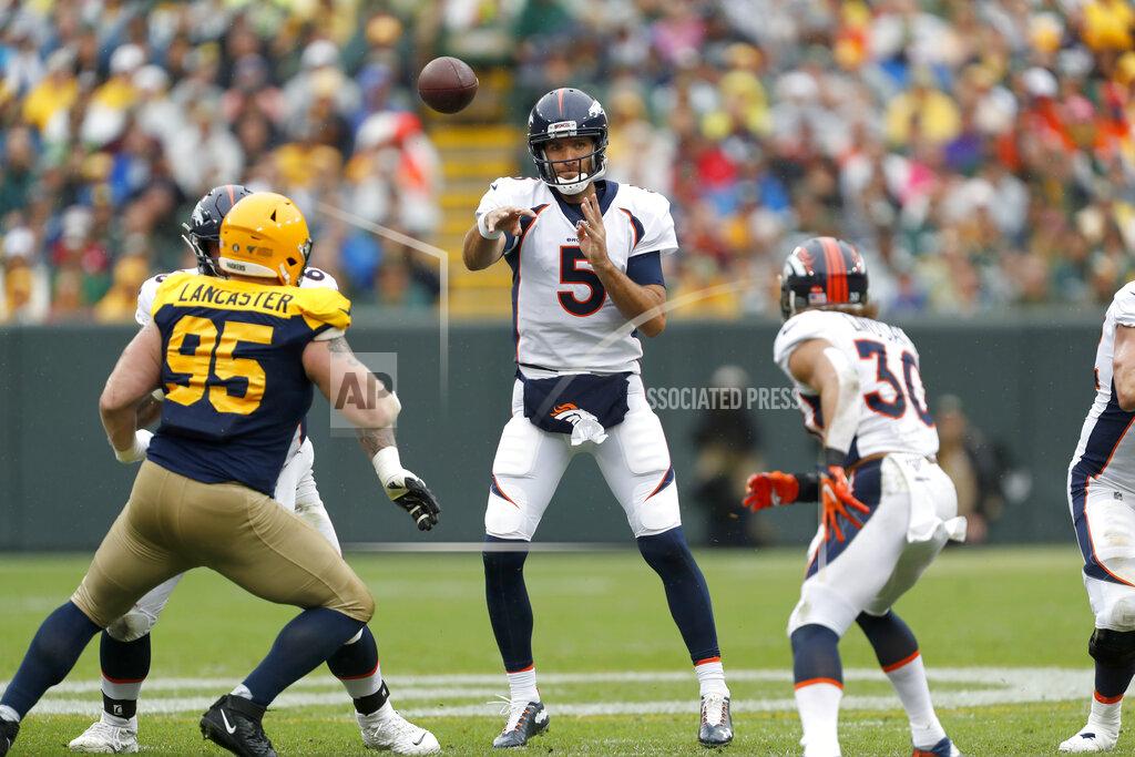 Matt Ludtke Denver Broncos quarterback Joe Flacco (5) throws a pass during the first half of an NFL football game against the Green Bay Packers, Sunday, Sept. 22, 2019, in Green Bay, Wis. (AP Photo/Matt Ludtke)