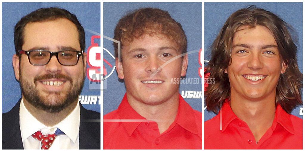 Uncredited This combo of undated photos provided by the University of the Southwest, shows from left, golf coach Tyler James, and golfers Travis Garcia
and Dayton Price. James and Garcia were killed, and Price was critically injured, in a fiery, head-on collision in West Texas, Tuesday evening, March 15, 2022. (University of the Southwest via AP)
