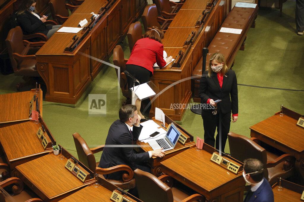 Minnesota House Speaker Melissa Hortman, standing, right, confers with Majority Leader Ryan Winkler, left, as the House met to take up several bills, including the insulin affordability bill, Tuesday, April 14, 2020 in St. Paul, Minn. (AP Photo/Jim Mone)