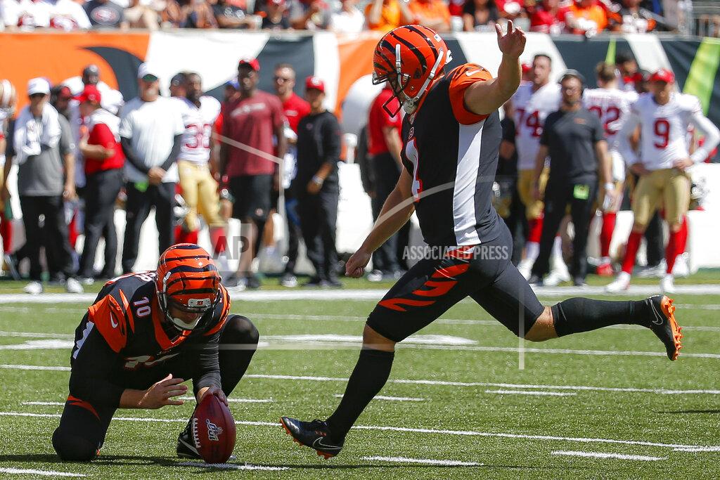 Frank Victores Cincinnati Bengals kicker Randy Bullock (4) kicks a field goal during the first half an NFL football game against the San Francisco 49ers, Sunday, Sept. 15, 2019, in Cincinnati. (AP Photo/Frank Victores)