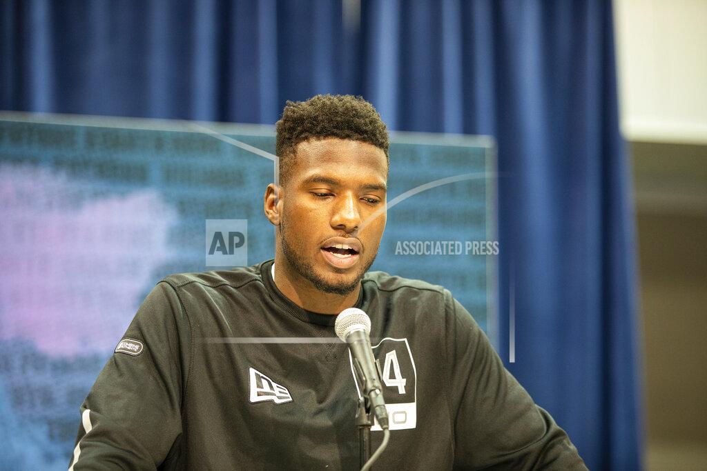 Detroit Lions Bryan Edwards talks to the media at the NFL Scouting Combine on Tuesday, Feb. 25, 2020 in Indianapolis. (Detroit Lions via AP)