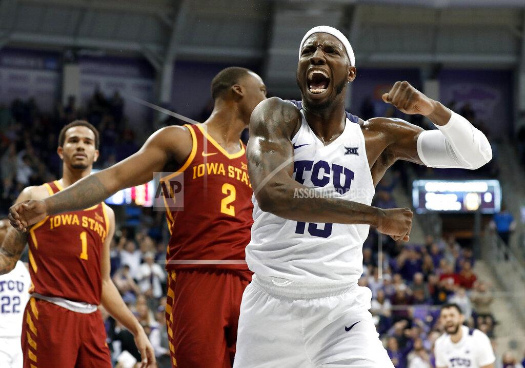 Tony Gutierrez TCU forward JD Miller (15) celebrates sinking a basket as Iowa State's Nick Weiler-Babb (1) and Cameron Lard (2) watch late in the second half of an NCAA college basketball game in Fort Worth, Texas, Saturday, Feb. 23, 2019. TCU won 75-72. (AP Photo/Tony Gutierrez)