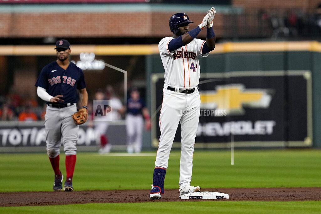 Tony Gutierrez Houston Astros' Yordan Alvarez celebrates a RBI-double against the Boston Red Sox during the first inning in Game 6 of baseball's American League Championship Series Friday, Oct. 22, 2021, in Houston. (AP Photo/Tony Gutierrez)