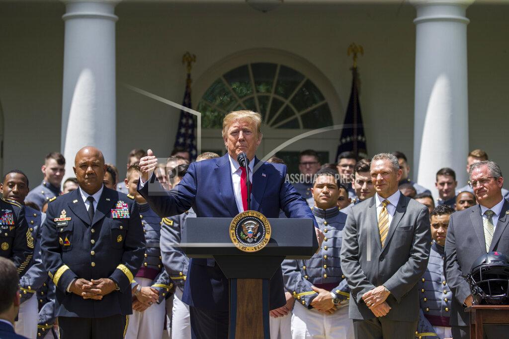 Alex Brandon President Donald Trump speaks during the presentation of the Commander-in-Chief's Trophy to the U.S. Military Academy at West Point football team in the Rose Garden of the White House, Monday, May 6, 2019, in Washington. (AP Photo/Alex Brandon)