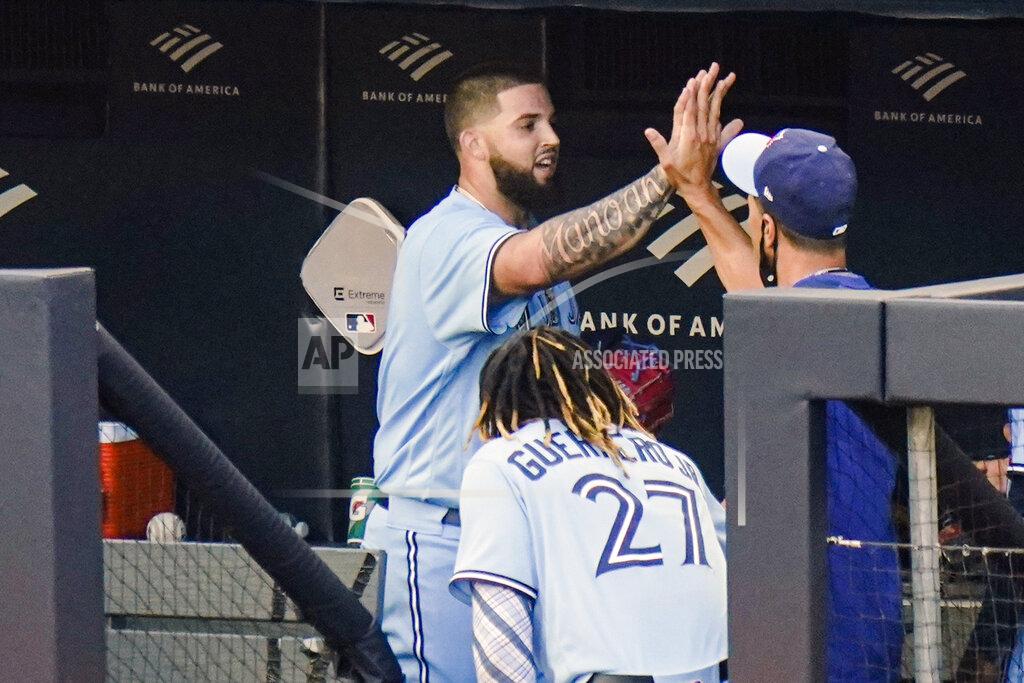 Frank Franklin Ii Toronto Blue Jays' pitcher Alek Manoah celebrates with teammates after the sixth inning during the first game of a baseball doubleheader against the New York Yankees Thursday, May 27, 2021, in New York. (AP Photo/Frank Franklin II)