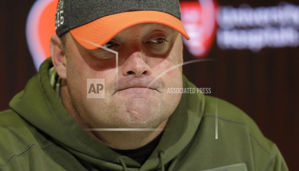 Cleveland Browns head coach Freddie Kitchens speaks at a news conference at the NFL football team's training camp facility, Monday, Nov. 18, 2019, in Berea, Ohio. Browns star defensive end Myles Garrett has not yet scheduled the appeal for his indefinite NFL suspension for striking Pittsburgh quarterback Mason Rudolph with a helmet.(AP Photo/Tony Dejak)