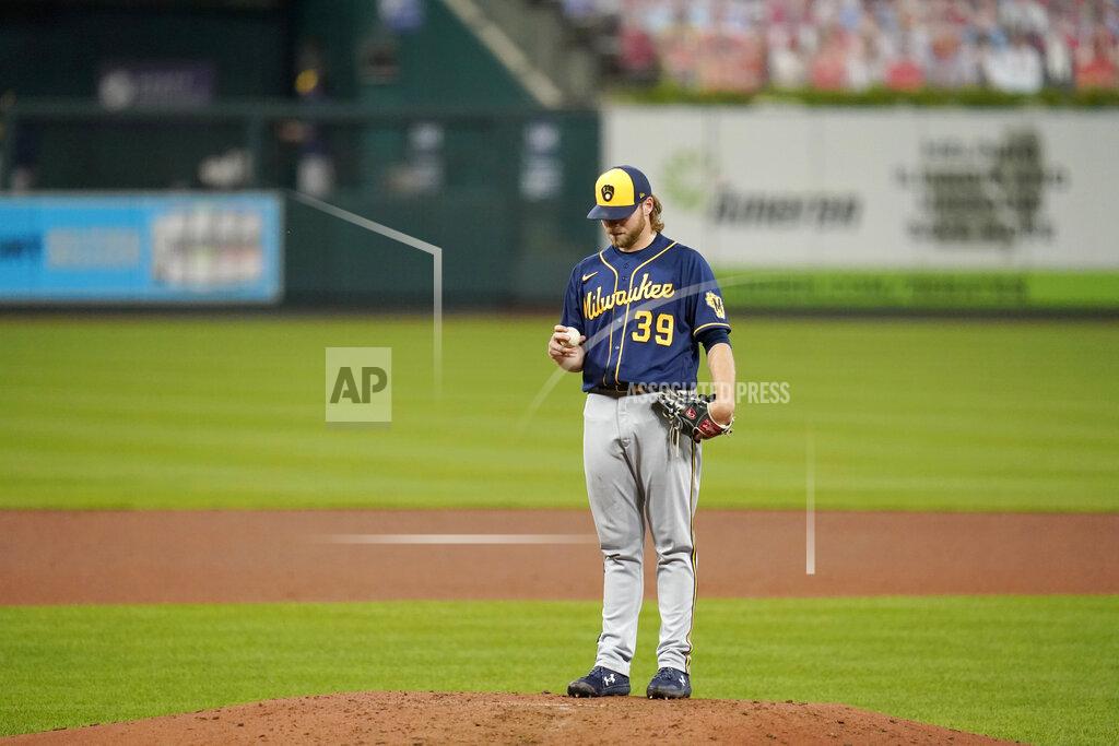 Jeff Roberson Milwaukee Brewers starting pitcher Corbin Burnes stands on the mound after giving up a two-run home run to St. Louis Cardinals' Dylan Carlson during the fourth inning of a baseball game Thursday, Sept. 24, 2020, in St. Louis. (AP Photo/Jeff Roberson)