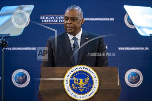 In this photo provided by the Office of the Secretary of Defense, U.S. Secretary of Defense Lloyd Austin delivers the keynote address at the Reagan National Defense Forum at the Ronald Reagan Presidential Library in Simi Valley, Calif., Saturday, Dec. 4, 2021. (Chad J. McNeeley/Office of the Secretary of Defense via AP)