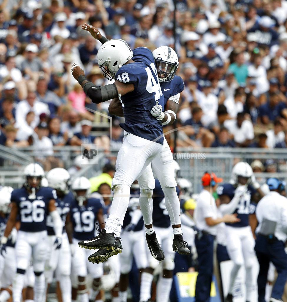 Chris Knight Penn State's Shareef Miller (48) celebrates with teammate Nick Scott (4) after a sack against Kent State during the second half of an NCAA college football game in State College, Pa., Saturday, Sept. 15, 2018. Penn State won 63-10. (AP Photo/Chris Knight)