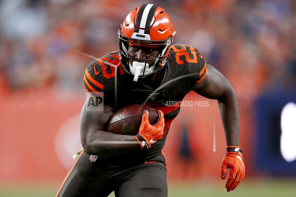 David Zalubowski Cleveland Browns running back Dontrell Hilliard (25) runs against the Denver Broncos during the second half of NFL football game, Sunday, Nov. 3, 2019, in Denver. (AP Photo/David Zalubowski)