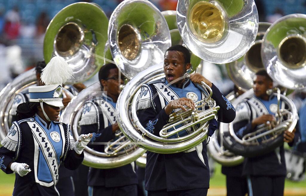 Jim Rassol The Sonic Boom of the South, the official band of Jackson State, performs during halftime of an NCAA college football game against Florida A&M, Sunday, Sept. 5, 2021, in Miami Gardens, Fla. (AP Photo/Jim Rassol)
