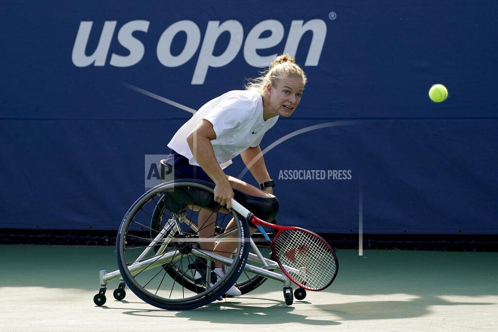 Elise Amendola Diede De Groot, practices at the Bille Jean King National Tennis Center during the US Open tennis championships, Wednesday, Sept. 8, 2021, in New York. De Groot can do something at the U.S. Open that even Novak Djokovic can't. The wheelchair star will try to complete the Golden Slam -- all four major titles plus the Paralympic gold medal in the same year -- when competition begins Thursday. (AP Photo/Elise Amendola)