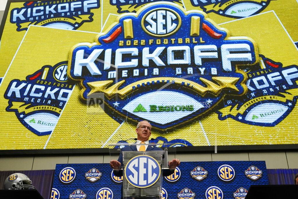 Southeastern Conference commissioner Greg Sankey speaks during SEC Media Days, Monday, July 18, 2022, in Atlanta. (AP Photo/John Bazemore)
