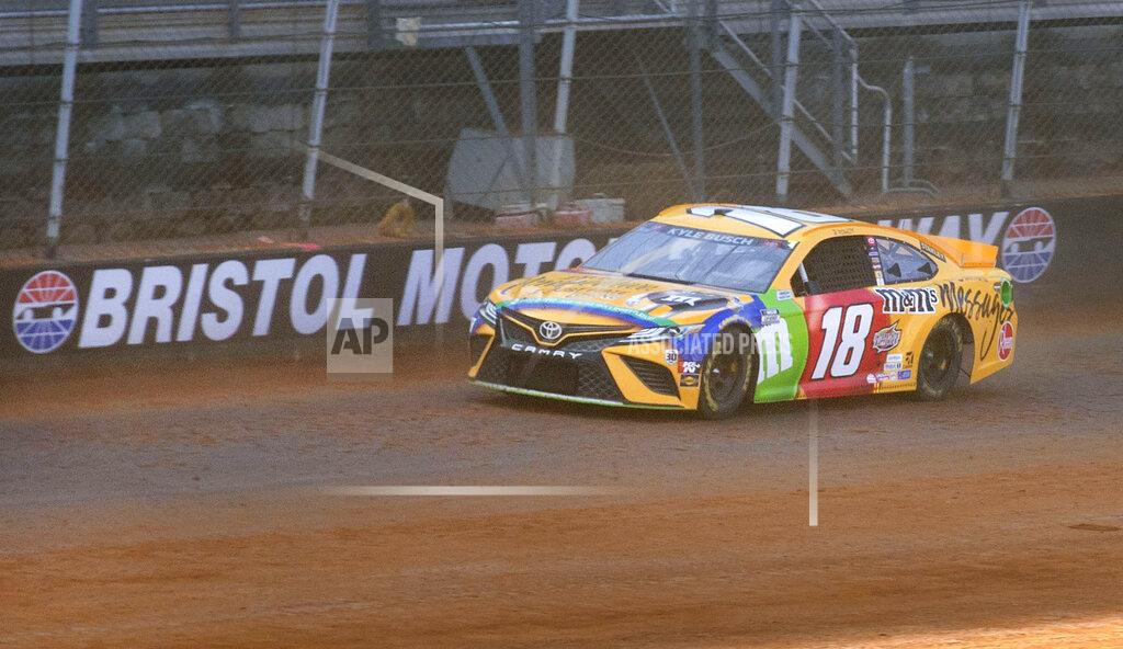 David Crigger Kyle Busch drives along the dirt track during NASCAR Cup Series practice, Friday, March 26, 2021, at Bristol Motor Speedway in Bristol, Tenn. (David Crigger/Bristol Herald Courier via AP)