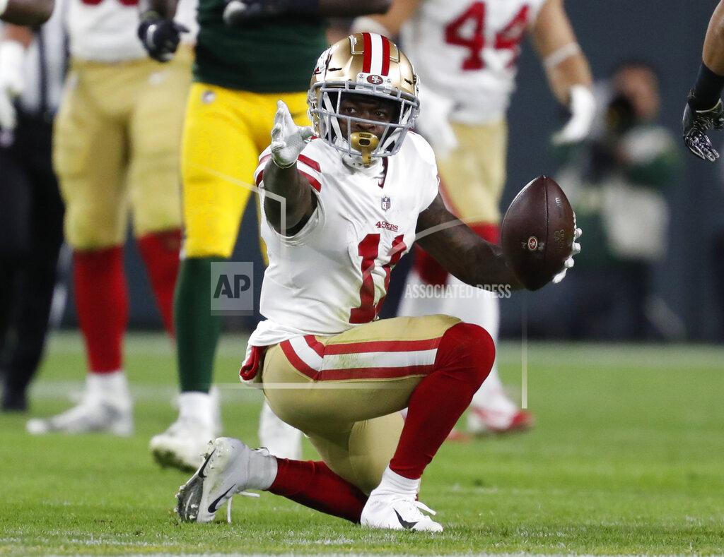 Matt Ludtke FILE - In this Oct. 15, 2018, file photo, San Francisco 49ers wide receiver Marquise Goodwin (11) celebrates after a catch for a first down during the second half of an NFL football game against the Green Bay Packers in Green Bay, Wis. The Philadelphia Eagles have acquired wide Goodwin from the San Francisco 49ers. The teams flipped sixth-round picks with Philadelphia getting No. 210 and San Francisco receiving No. 190 on Saturday, April 25, 2020.(AP Photo/Matt Ludtke, File)